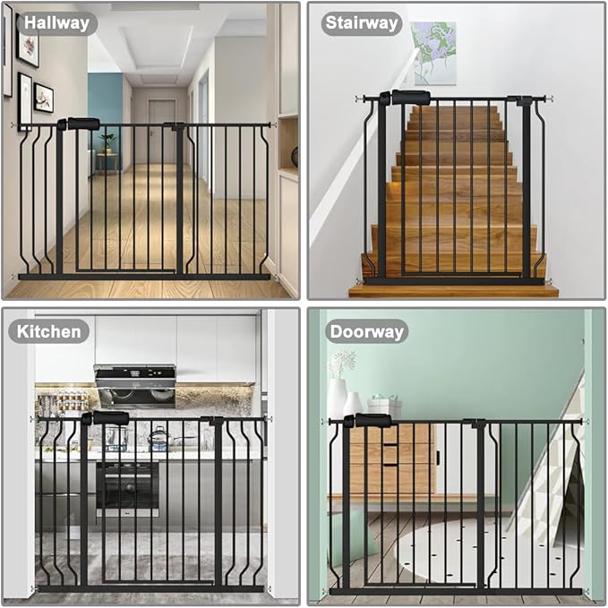 Fairy Baby Walk Through Black Baby Gate 29-34 Inch Wide, Pressure Mounted Safety Gate with Door No Drill, Tension Metal Gate for Dog and Toddler