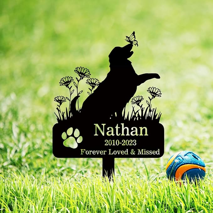 Custom Flowers Dog Memorial Stake Marker Metal Plaque, Personalized Flowers Dog Memorial Grave Marker with Paw, Customized Pet Dog Memorial Grave Stake Outdoor Decor Garden Sign Headstone