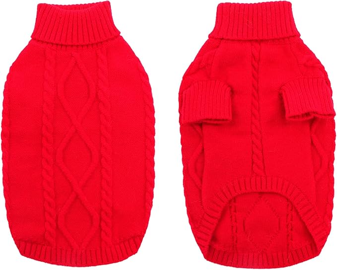 Queenmore Small Dog Pullover Sweater, Cold Weather Cable Knitwear, Classic Turtleneck Thick Warm Clothes for Chihuahua, Bulldog, Dachshund, Pug (Red, X-Large)