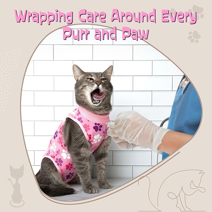 Cat Recovery Suit – Soft Breathable Cat Onesie for Female & Male Cats After Surgery, Spay, Neuter or Wounds, Cat Surgery Suit, Recovery Suit for Cats, Cone Alternative, Pink Paw Print