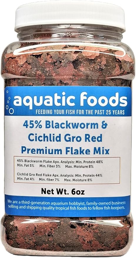 Aquatic Foods Inc. 45% Blackworm & Cichlid GRO Red Color Flake Mix for Cichlids, Discus, for All Community Tropical Fish. Aquatic Foods Flakes…6oz Med Jar