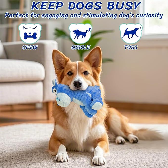 Squeaky Stuffed Dog Toys, Chew Toy for Large Medium Small Breeds, Plush Dog Toys to Keep Them Busy, Puppy Teething Dog Toy, Crinkle Dog Toy (Blue Hippo)
