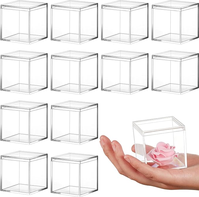 Juexica 12 Pcs Clear Acrylic Box with Lid Plastic Small Acrylic Boxes Decorative Storage Box Jewelry Display Mini Clear Container for Home Candy Pill Tiny Jewelry(Square,1.8 x 1.8 x 1.8)