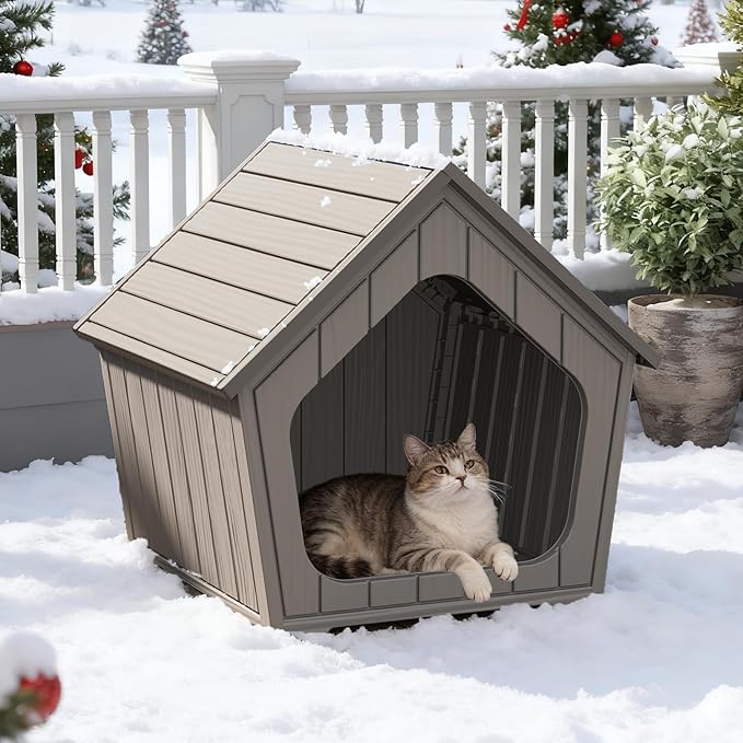 KAMABOKO Outdoor Cat House, Weatherproof Plastic Cat Shelter for Indoor & Outdoor, Durable All-Season Pet House for Feral, Stray & Domestic Cats (Gray)