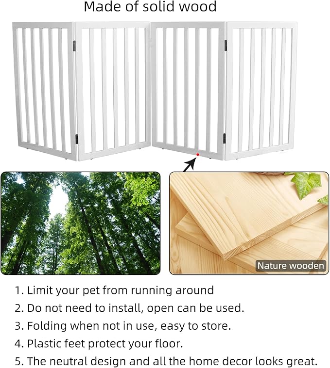 ZJSF Freestanding Indoor Dog Gate for House Foldable Wood White Puppy Gate for Doorways Pet Gate for Stairs Extra Wide Pet Fence 32" Height 4 Panels