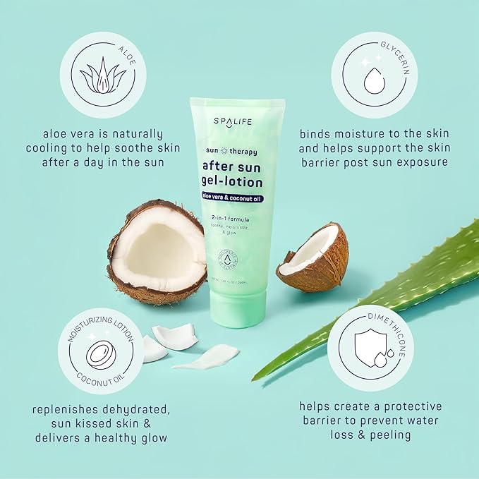SpaLife After-Sun-Gel Lotion and Moisturizer for Sunburn Refelief - Two in One Formula, Infused with Aloe, Coconut Oil and Hyaluronic Acid - 2 Pack