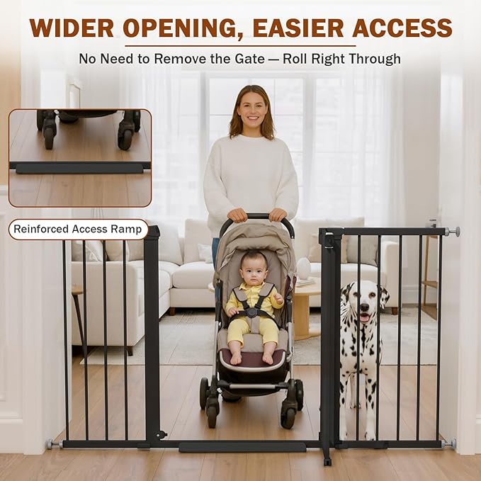 Mumeasy 29.7-57" Extra Wide Baby Gate, Auto Close Large Dog Gate for Doorways, No Drilling Pressure Mounted Pet Safety Gate for Stairs, Easy Walk Through Child Gate for Hallways, House, Indoor, Black