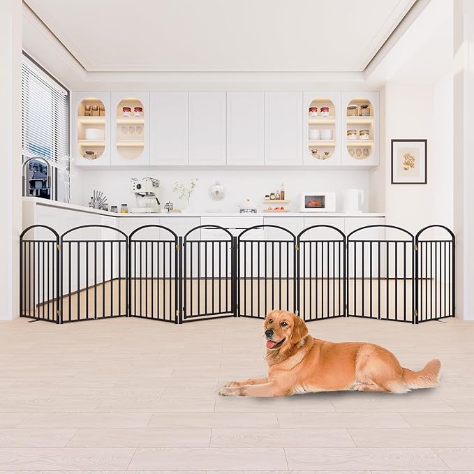 8 Panels Full Matel Freestanding Dog Gates with Door, 192"Extra Wide 32"Tall Free Standing Dog Pet Gate for Indoor & Outdoor. Foldable Pet Fences for Doorways, House, Stairs, Porch, Deck, Yard