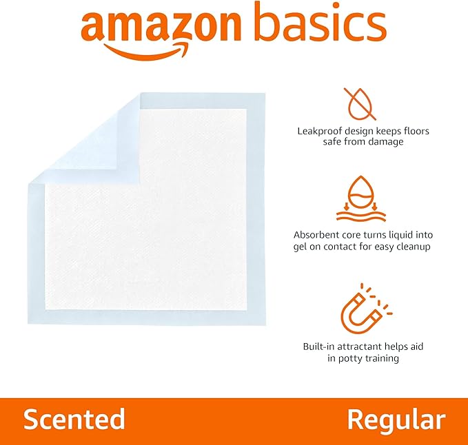 Amazon Basics Scented Dog and Puppy Pee Pads, 5-Layer Leak-Proof Super Absorbent, Quick-Dry Surface, Potty Training, Regular (22x22"), 50 Count, Blue & White