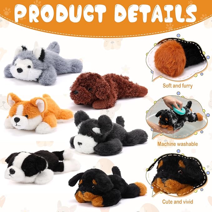 6 Pcs 8 Inch Stuffed Animal Plush Dog Puppy Soft Plush Pillow Toy Fluffy Puppy Set for Kids Girls Dog Theme Party Favor Birthday Baby Room Home Decor(Classic Color,Lovely)