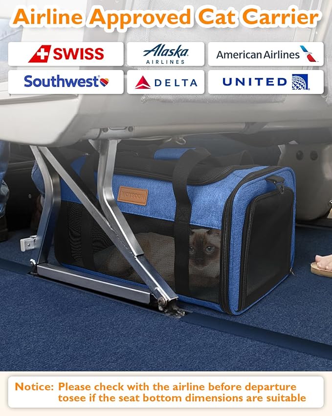 PETUX Airline Approved Cat Carrier or Small Cat up to 12 lb - 17"x11"x9.5", TSA, Underseat, Top & Side Entry, Soft Sided Pet Carrier with Breathable Anti-Scratch Mesh for Travel and Vet Visit - Blue