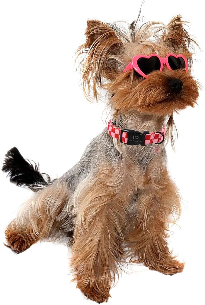 Red and Pink Plaid Dog Collarwith Bow Tie– Adjustable Red & Pink Checkered Dog Collar for Small Medium Large Dogs, Soft Xmas Plaid Puppy Collars with Quick Release Buckle L