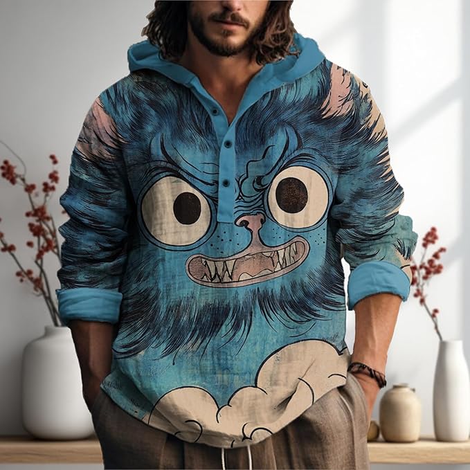 MARSVOVO Japanese Art Animal Hooded Shirt for Men Long Sleeve Quarter Button Lightweight Hoodie Cool Streetwear Tops