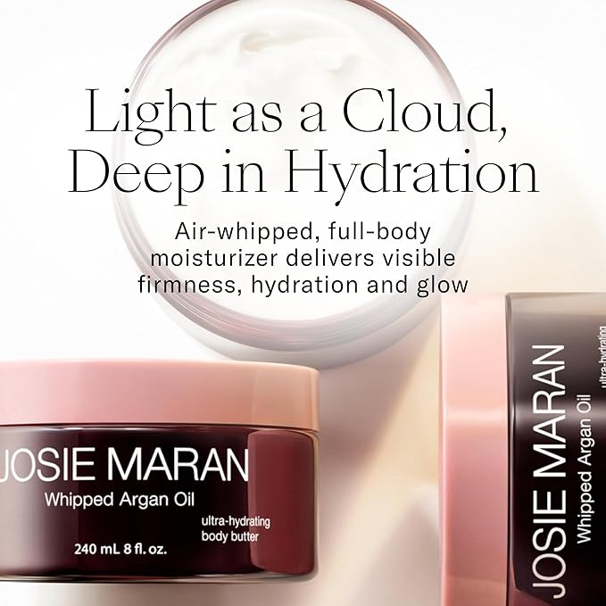 Josie Maran Whipped N' Ready to Glow Body Care Set - Includes Argan Intensive Creamy Oil, Face Cream & Body Butter - Nourishes, Hydrates & Firms Skin - Radiance-Boosting Gift Set (3 Count)