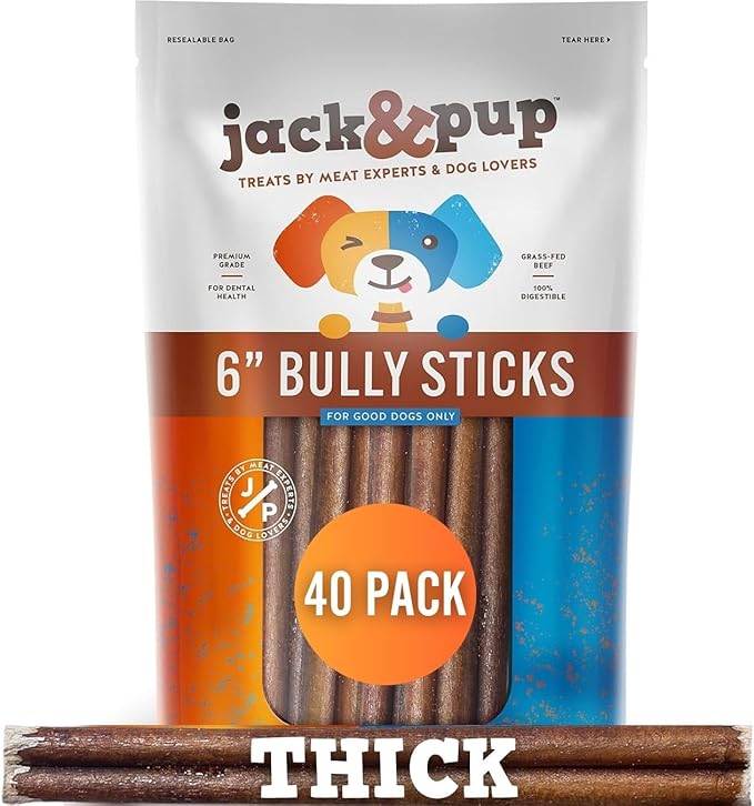 Jack&Pup 6-inch Bully Sticks for Dogs (40 Pack) Thick Pizzle Sticks | Long Lasting, Single Ingredient Chew Treat for Medium Dogs