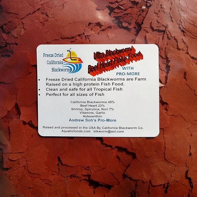 Aquatic Foods Inc. California Blackworm & Beef Heart Mix Premium Flakes with Andrew Soh's Pro-More for Size and Girth in Discus, Cichlids, for All Community Tropical Fish 1/2-lb