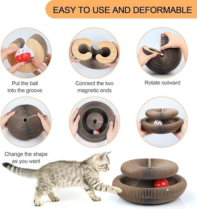 Magic Organ Cat Scratching Board, Interactive Scratch Toys with a Ball, Cat Scratcher for Grinding Claw, Recyclable and Durable, Furniture Protector, Retractable, Brown, Reversible