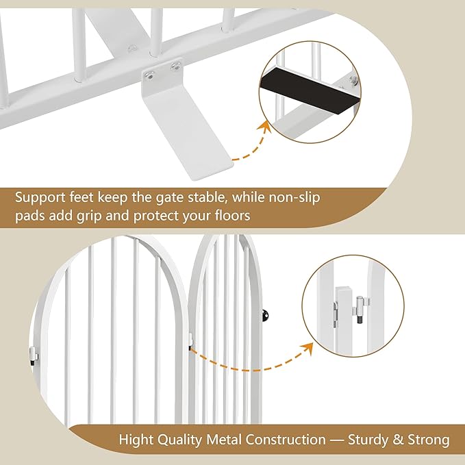 Full Metal Dog Gate with Door for Indoor Outdoor, 32" Tall Free Standing Pet Dog Fence, 108" Extra Wide Pet Gates for Stairs, Hallways, Doorways, Kitchen, Decks, Yards (White, 6 Panels)