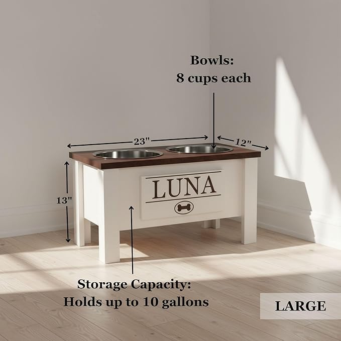 GTW Personalized Elevated Dog Bowl Stand for Large, Medium, Small, X-Small Dogs - Stainless Steel Food and Water Bowls - Raised Dog Dish with Internal Storage (Large, Dark Walnut)