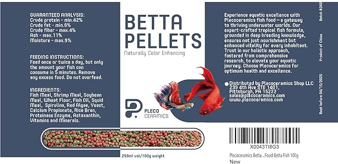 Plecoceramics Betta Fish Pellets Extreme Color, Complete Nutrition Plus Color Boost, Enhancing Floating Food Betta Fish (3.5 oz)