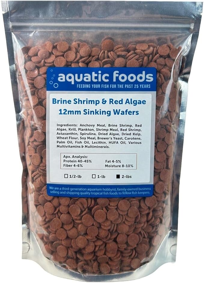Aquatic Foods Inc. 12mm - 1/2" Brine Shrimp & Red Algae Color Enhancing Sinking Wafers for Shrimp, Snails, Crabs, Plecos, Catfish. Bottom and All Tropical Fish...WL…2-lbs Foil Pouch Bag