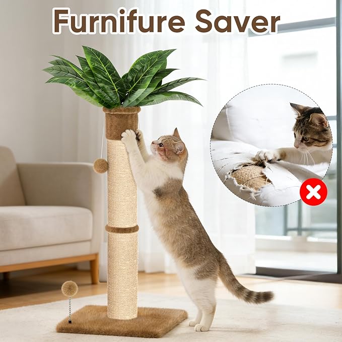 XiaZ Cat Scratching Post 34'' Tall, Cat Scratchers Tree Tower for Indoor Kitty with Extra Wide 15.8" Stable Base and 2 Toy Balls, Natural Sisal & Plush Fabric for Small, Medium Cats (Brown, 2.8in)