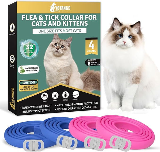 4 Pack Flea Collar for Cats, 32 Months Flea and Tick Prevention for Cat, Waterproof & Natural Cat Flea and Tick Treatment, Adjustable for Cats Kittens(Blue&Pink)