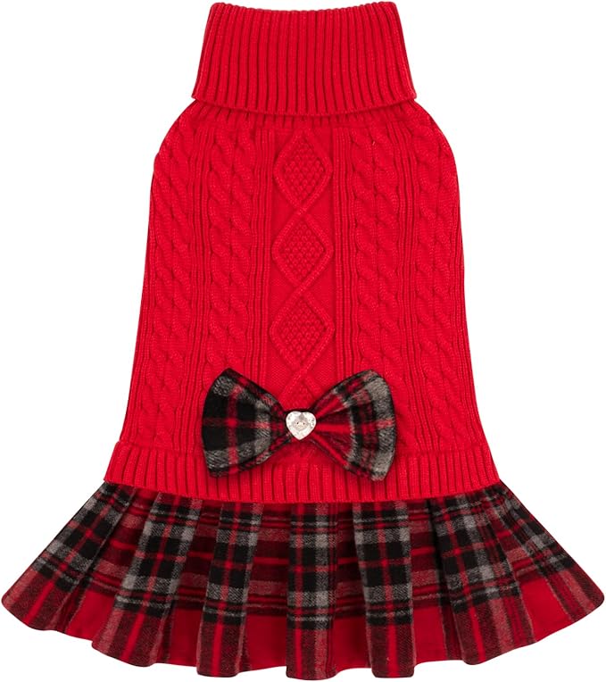 KYEESE Dog Sweater Stretchy Cat Sweaters Warm Pullover Pet Coats Thick Dogs Clothes with Bowtie Soft Turtleneck Pet Sweater Dress Comfy Knitwear Dog Sweaters for Small Dogs Girl, Red, Medium