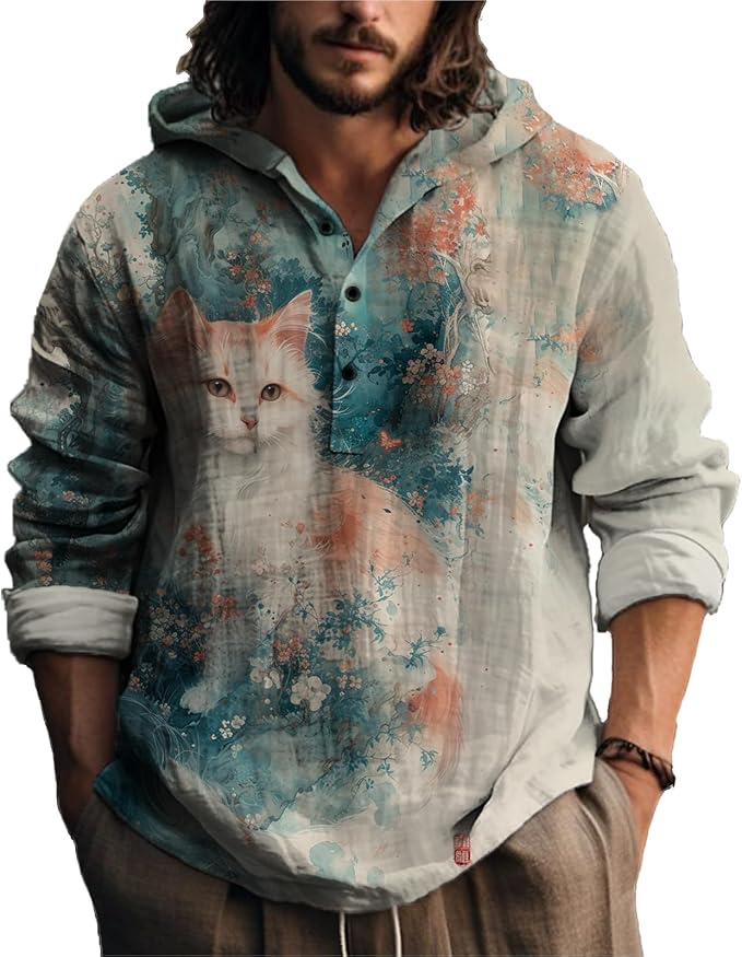 MARSVOVO Japanese Art Animal Hooded Shirt for Men Long Sleeve Quarter Button Lightweight Hoodie Cool Streetwear Tops