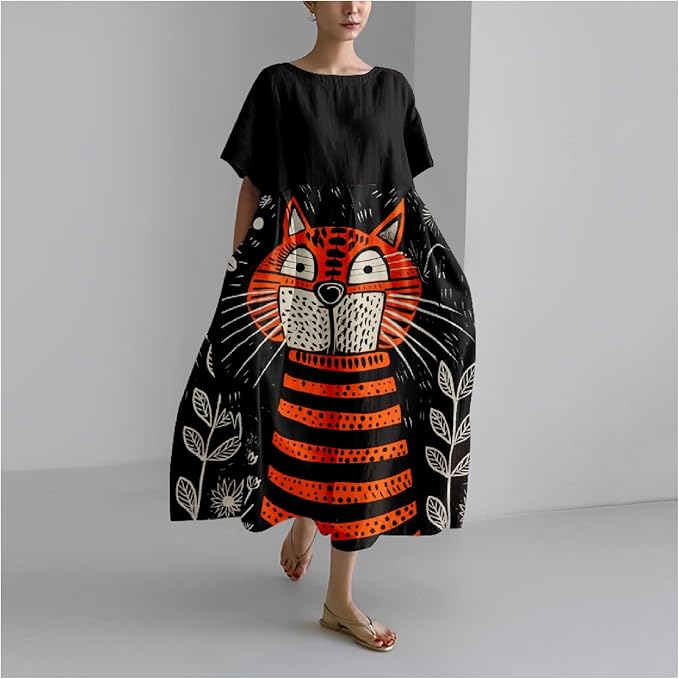 MARSVOVO Summer Dress for Women Funny Cat Graphic Cute Short Sleeve Maxi Dress Causal Plus Size Party Dress for Women