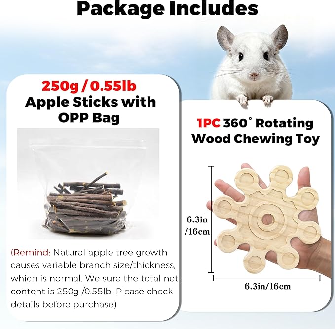 Rotating Chinchilla Chew Toys for Teeth and 250g(0.55lb) Organic Apple Sticks, Natural Wooden Chinchilla Cage Accessories Enrichement for Playtime Puzzle, Chinchillas Treats Molar Wood