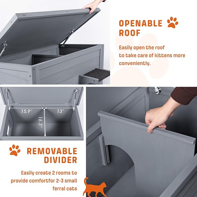 BRIOPAWS Outdoor-Cat-House-Insulated | Feral-Cat-Shelter for Winter | Weatherproof | Large Wooden Pet House for Multiple Cats | Foldable Ladder | Acrylic Side Window | Grey