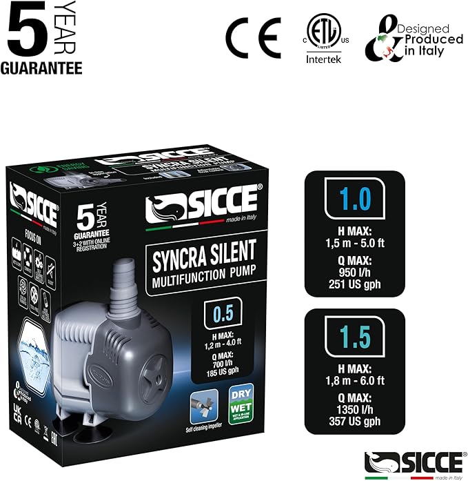 SICCE Syncra Silent 1.0 Multifunction 251 GPH Submersible Water Pump | Italian Made 16W Ultra Quiet Durable Aquarium Fish Tank, Fountain, Pond, Hydroponics, Terrarium Black | Freshwater & Saltwater