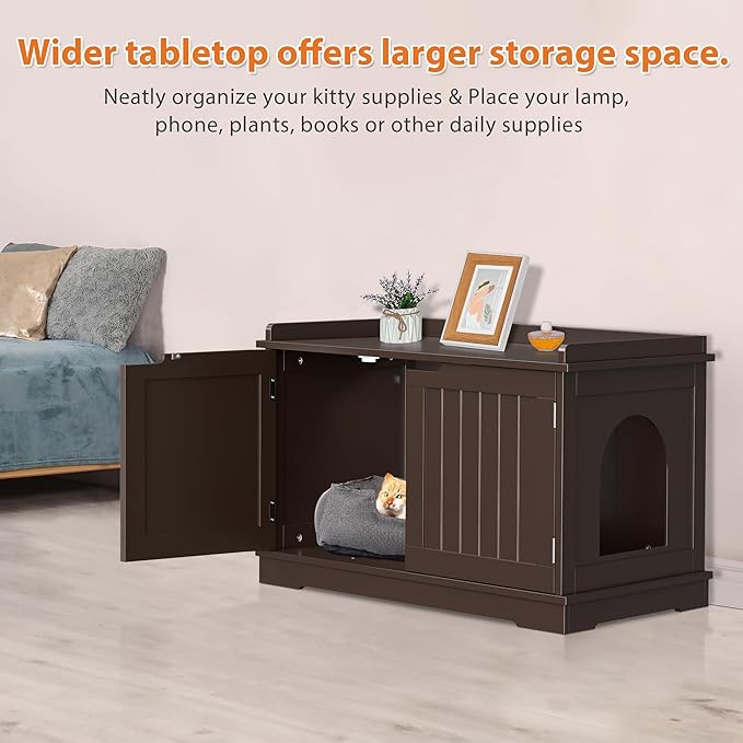 Cat Litter Box Enclosure Furniture Wooden w/Adjustable Divider, Indoor Cat House Storage Cabinet,End Table,for Large Cats (Brown)