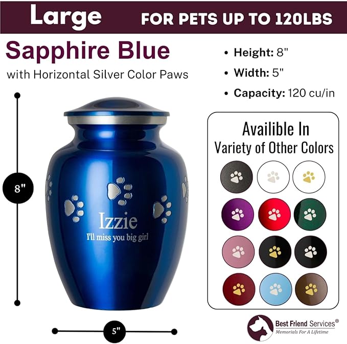 Pet Urn for Dogs and Cats with Personalized Laser Engraving, Ottillie Paws Premier Series Memorial Urns (Large Sapphire Blue with Horizontal Pewter Paws)