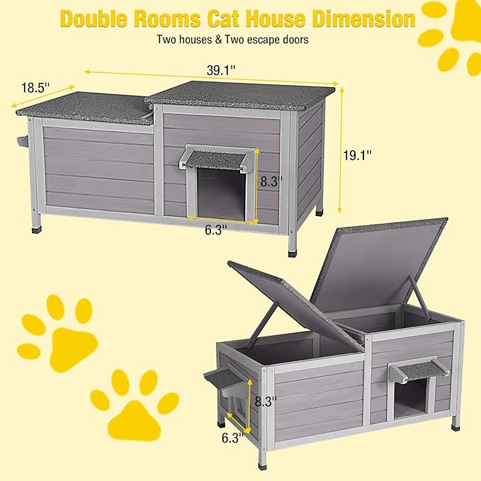 Aivituvin Outdoor Cat House，Double Rooms Waterproof Outside Feral Cat Shelter for Winter 100% Wood