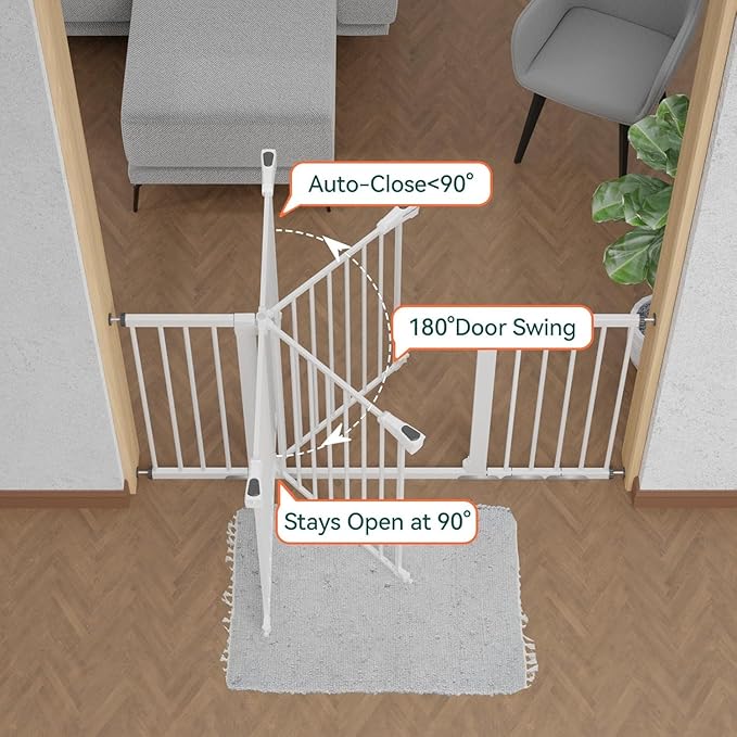 BABELIO 36" Tall Baby Gate, PressGuard P7, 29-55" Auto Close Pressure Mounted Dog Gate for Doorways & Hallway, Basics Easy Walk Thru Pet Gate, Extra Wide Metal Child Gate, White