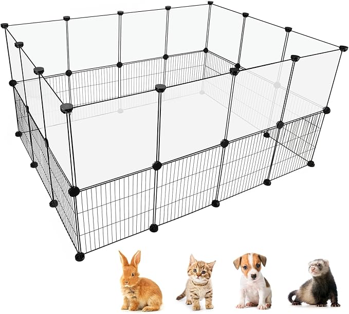 Pet Playpen Indoor, Transparent Clear + Wire Small Animal Playpen, 28 Panels (11.8") DIY Plastic Enclosure, Expandable Pet Fence Indoor for Guinea Pigs, Bunny, Hamsters, Hedgehogs, Puppies & Kittens