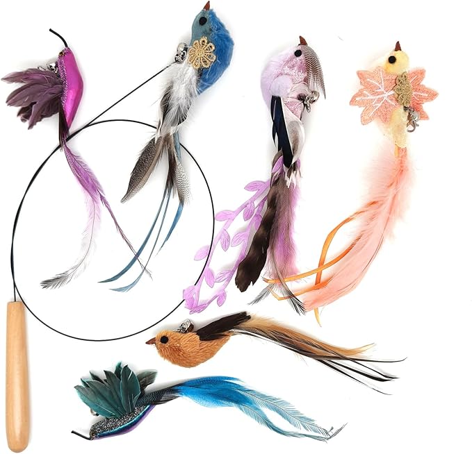 Interactive Cat Toys for Indoor Cats - 35'' Steel Wire and 6PCS Feather Bird Refills,Teaser Toy,Cat Wand Toy,Feathers & Bells, Realistic Bird Impression (7 PCS)
