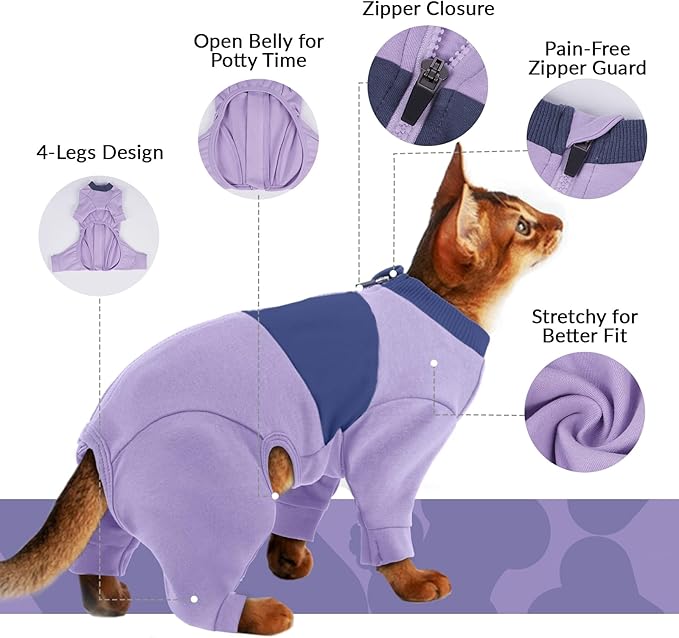 QBLEEV Cat Clothes, Soft Cat Sweaters for Cats Only, Kitten Surgery Recovery Suit Onesie Pajamas, Four Legs Cats Shirts Apparel Clothing for Hair Loss Prevention, Purple, XXL