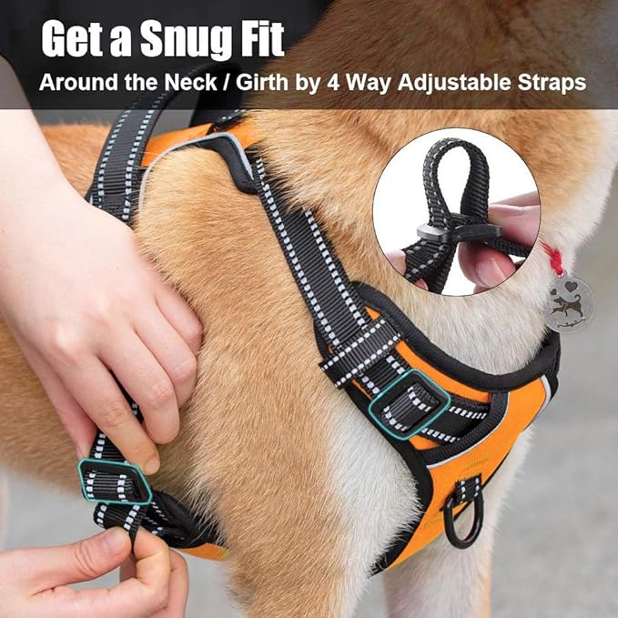 PoyPet No Pull Dog Harness, Reflective Comfortable Vest Harness with Front & Back 2 Leash Attachments and Easy Control Handle Adjustable Soft Padded Pet Vest for Small to Large Dogs (Orange,S)