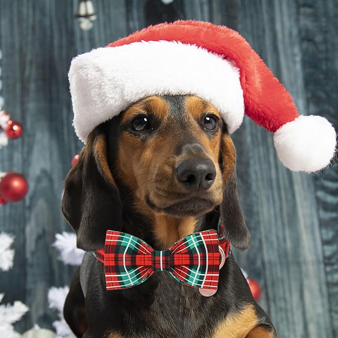 DOGWONG Christmas Red Plaid Dog Collar Bow Adjustable Red Checked Dog Collar Bow Tie Cute Christmas Red Dog Collar for Small Medium Large Dogs
