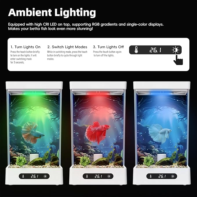 Small Shrimp Tank, 0.42 Gal Mini Fish Tank, Smart Automatic Heating, Easy Water Change Valve, and Energy-Efficient LED Lighting - Perfect for Office, Home, and Bedrooms, Single Betta Fish Only