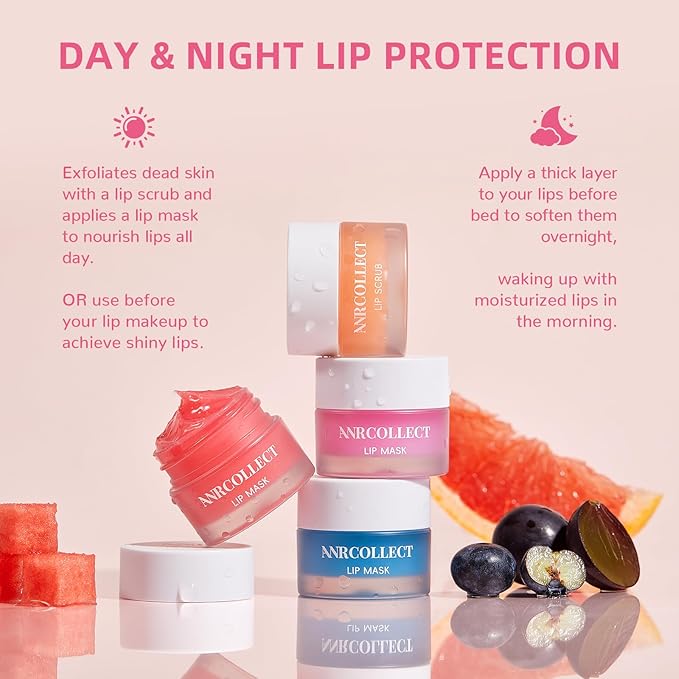 ANRCOLLECT Lip Mask Set, 1 Lip Scrub +3 Overnight Lip Mask, Lip Glowy Balm and Scrub for Women, Exfoliating and Hydrating Dry, Chapped, Crack Lips, 4 Pack Lip Skincare Gift Set, Valentines Day Gifts