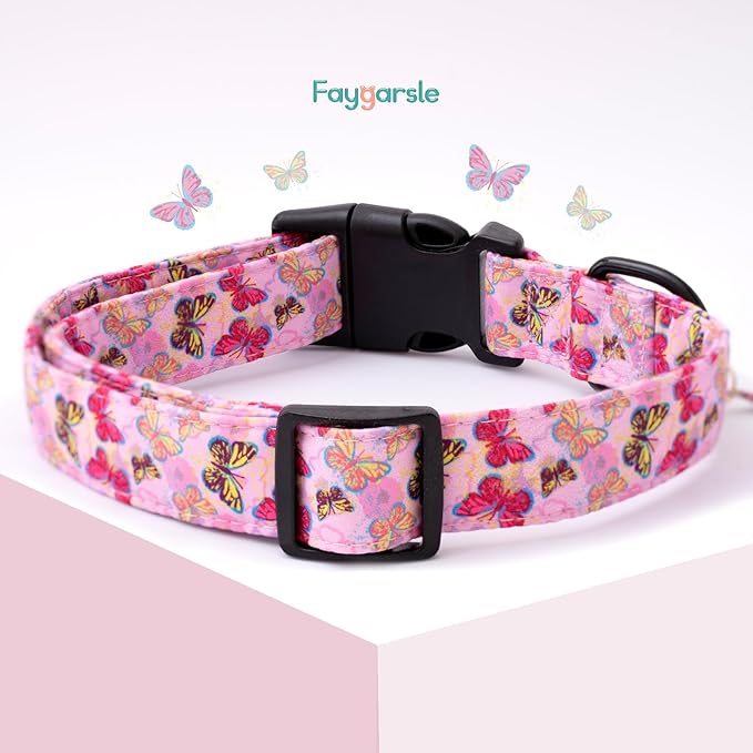 Faygarsle Dog Collar for Small Medium Large Dogs Cute Pink Puppy Collars for Female Dogs Butterfly Patterned Pet Collars for Summer Spring Wedding Puppy Necklace Girl Dog Collar L
