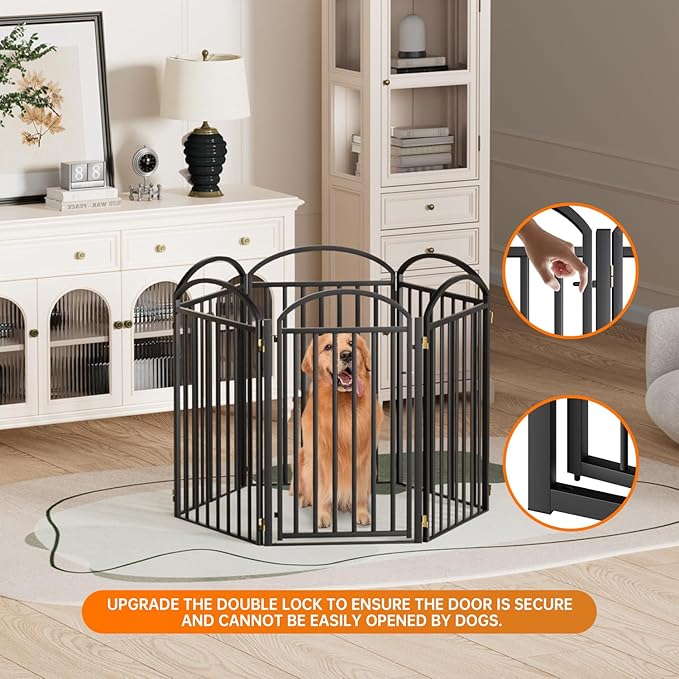 6 Panels Full Matel Freestanding Dog Gates with Door, 144"Extra Wide 36"Tall Free Standing Dog Pet Gate for Indoor & Outdoor. Foldable Pet Fences for Doorways, House, Stairs, Porch, Deck, Yard