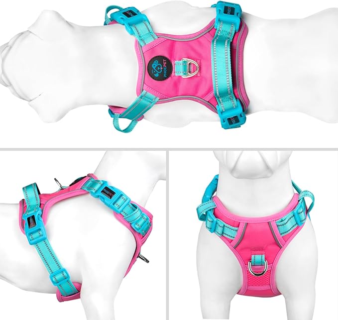 PHOEPET No Pull Dog Harness, Unique Colors Reflective Adjustable Dog Vest, with Soft Training Handle Metal Clips for Small Medium Large Dogs (Pink Base & Green Straps,L)