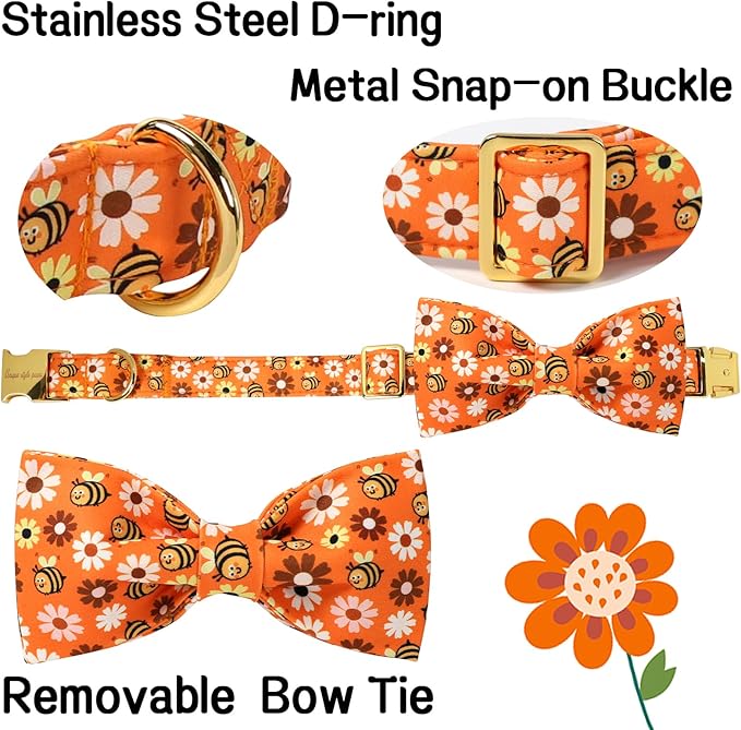 Unique style paws Cotton Dog Collar with Bow Autumn Puppy Collar with Bee Daisy for Small Medium Large Boys Girls Dogs