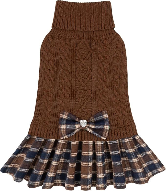 KYEESE Dog Sweater Warm Pullover Pet Coats Thick Dog Sweaters for Small Dogs Male Comfy Dogs Clothes with Bowtie Stretchy Knitwear Pet Sweater Dress Soft Turtleneck Cat Sweaters, Brown, Medium