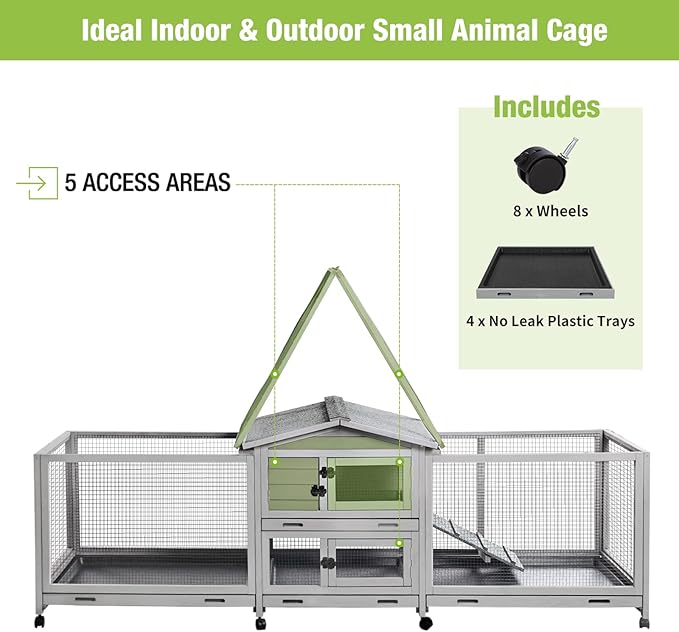 Rabbit Hutch Bunny Cage Indoor & Outdoor Rabbit Cage on Wheels, Large Guinea Pig Cage with 4 Deep No Leakage Pull Out Trays - 93.7"
